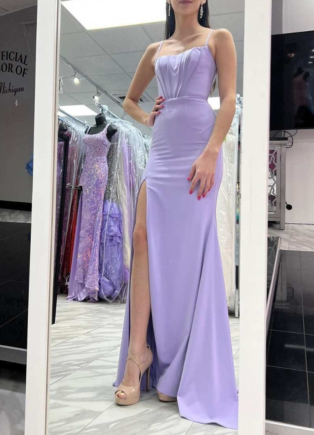Lilac Mermaid Spaghetti Straps Long Prom Gown with Slit