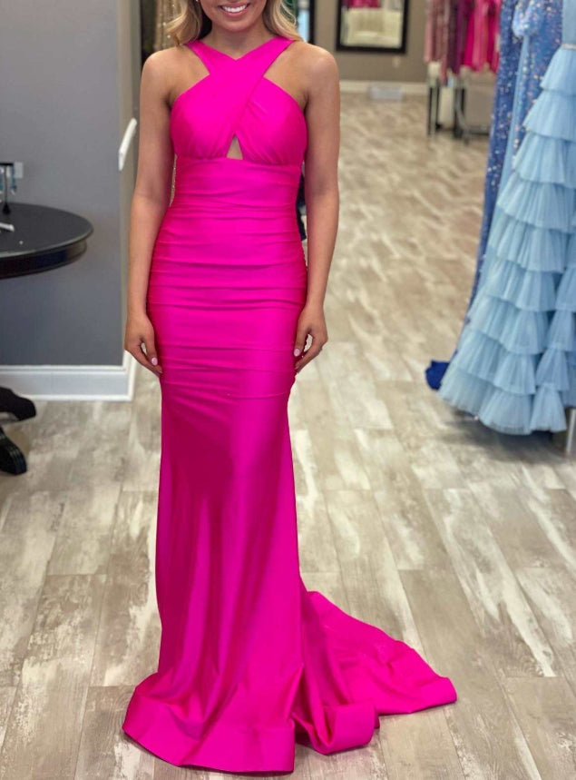 Neon Pink Cross-Front Mermaid Long Prom Dress