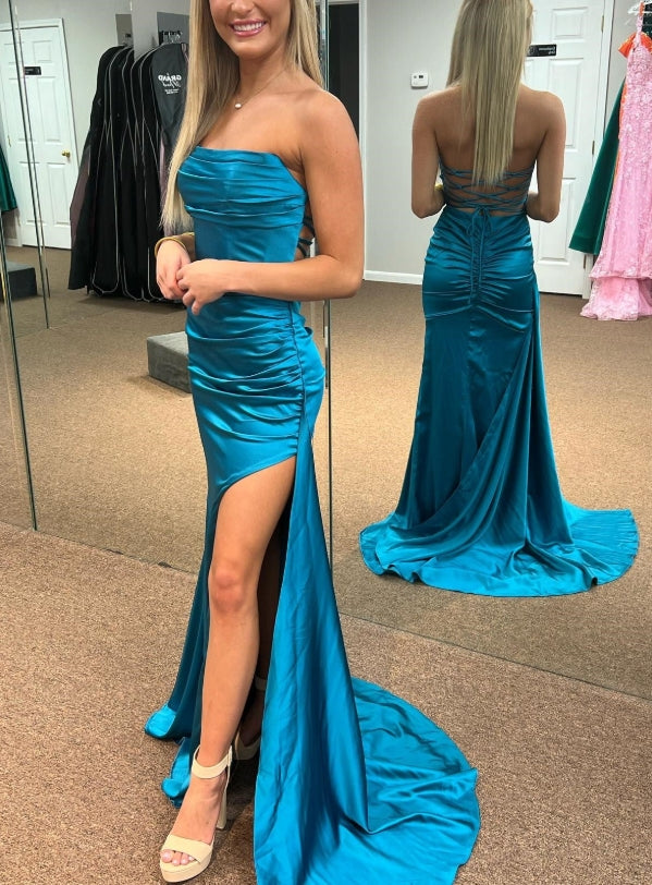 Red Strapless Lace-Up Ruched Mermaid Long Formal Prom Dress with Slit