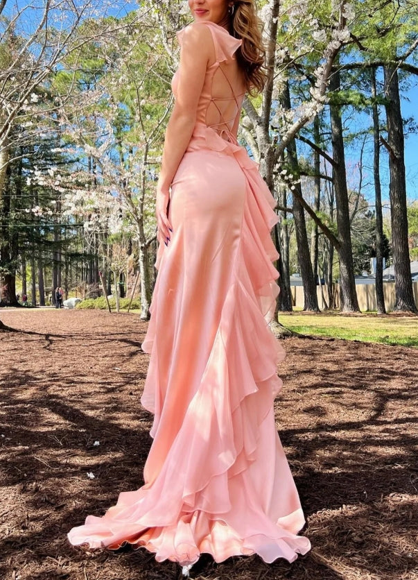 Pink Ruffle Lace-Up Long Prom Dress with Slit