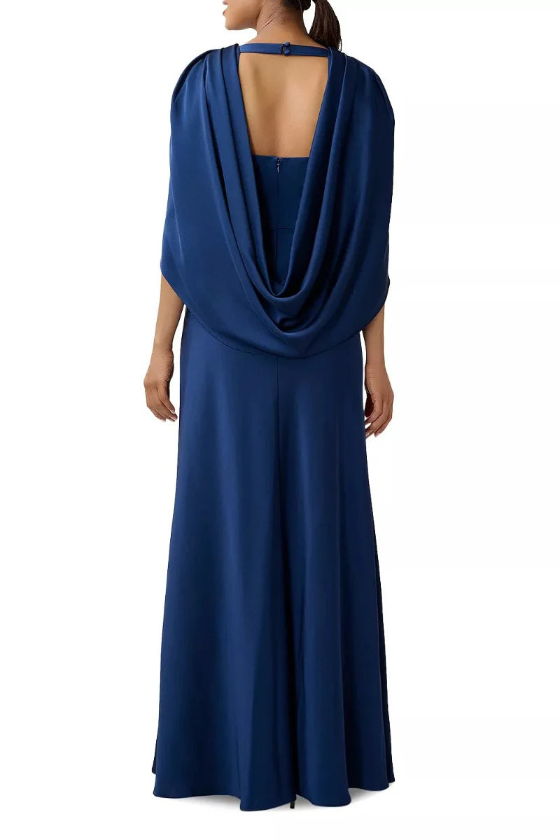 V-Neck Draped Sleeve Ruched Front Zipper Back Solid Satin Mother of the Bride Dresses