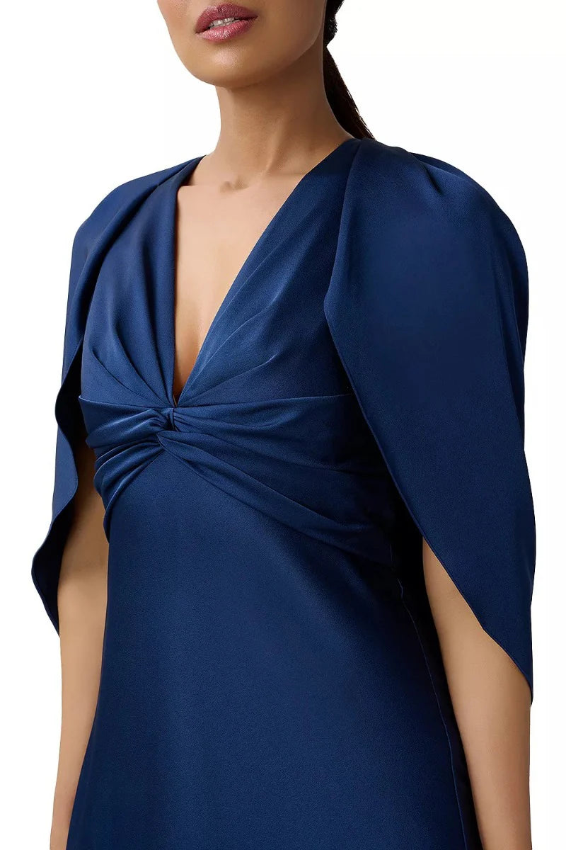 V-Neck Draped Sleeve Ruched Front Zipper Back Solid Satin Mother of the Bride Dresses
