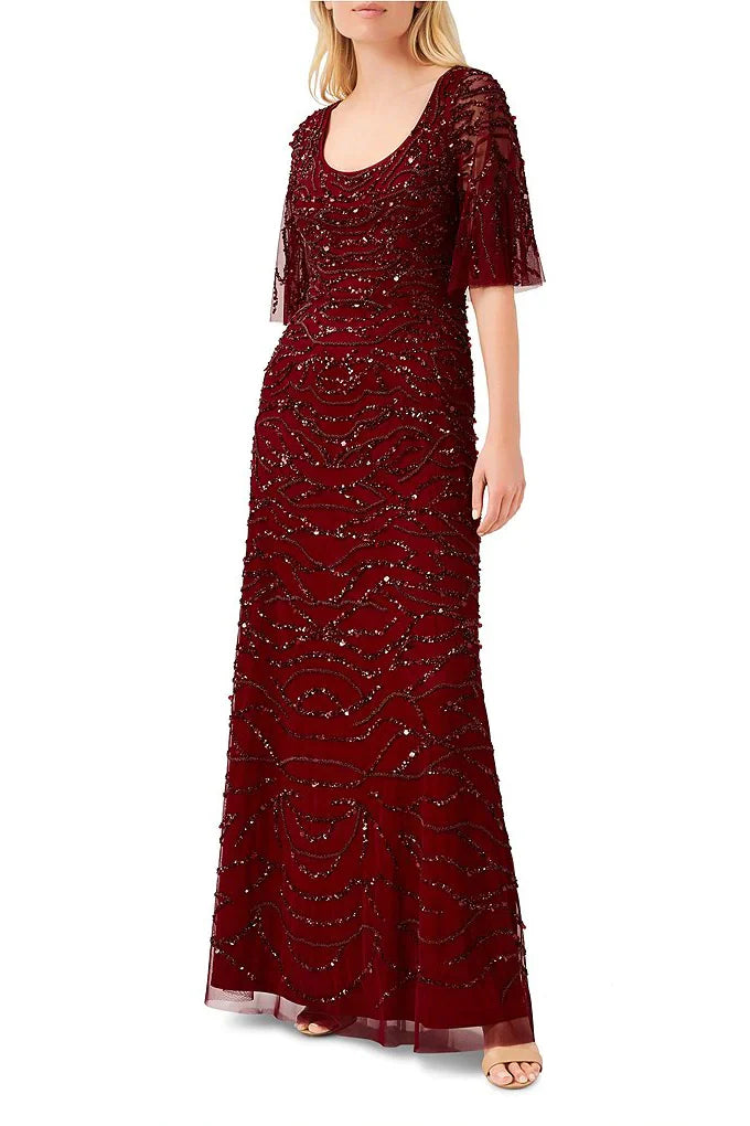 Scoop Neck Short Sleeves Back Zipper Long Beaded Mother of the Bride Dresses