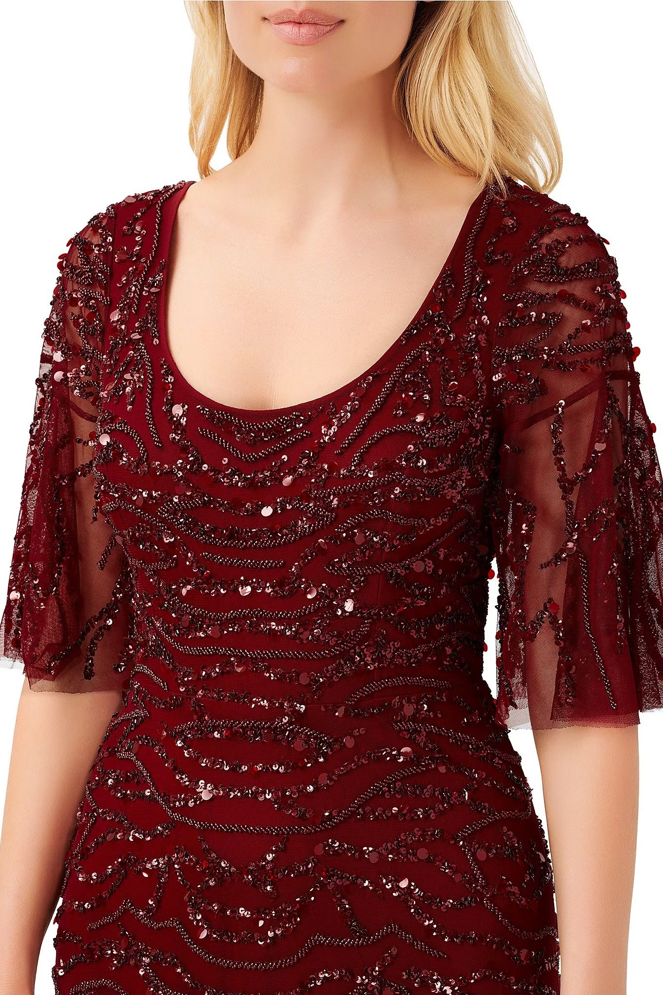 Scoop Neck Short Sleeves Back Zipper Long Beaded Mother of the Bride Dresses