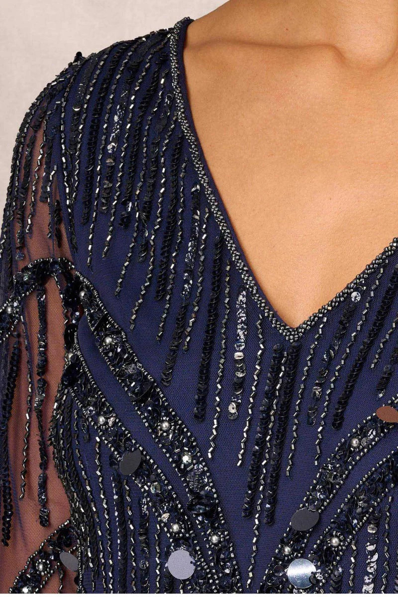 V-Neck Illusion Long Sleeve Zipper Back Embellished Mother of the Bride Dress