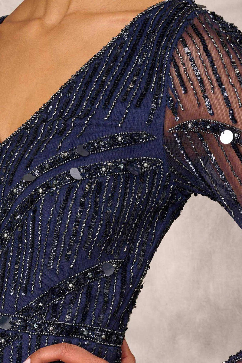 V-Neck Illusion Long Sleeve Zipper Back Embellished Mother of the Bride Dress