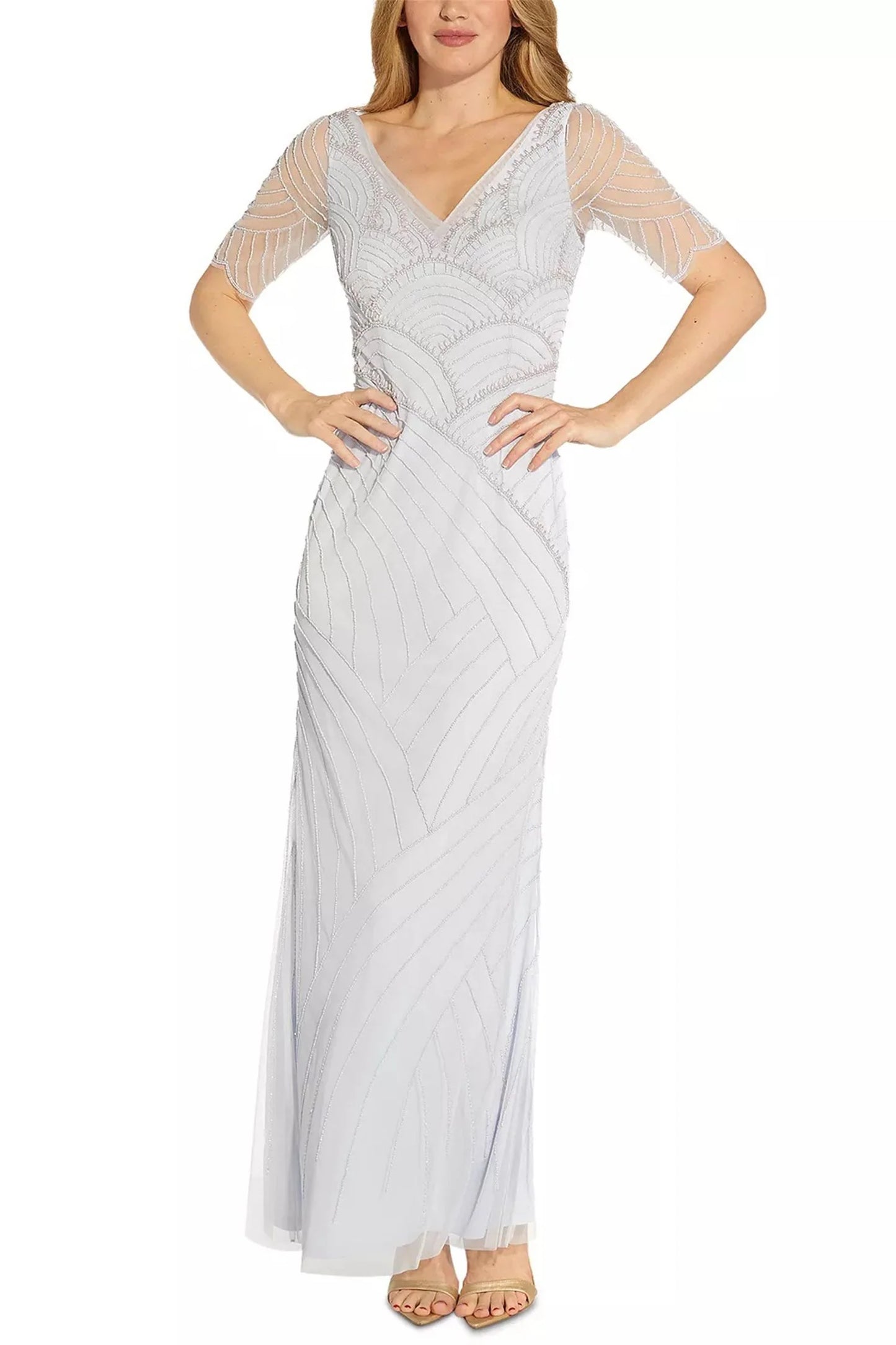 V-Neck Short Sleeve Beaded Zipper Back Mother of the Bride Dresses