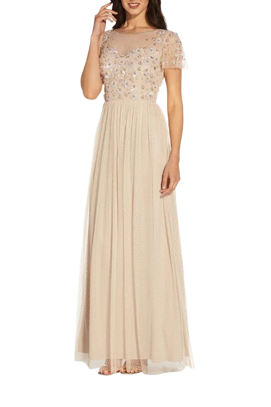 Adrianna Papell Boat Neck Short Sleeve Illusion Embellished Bodice Zipper Back Mesh Gown