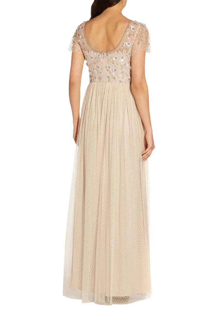 Adrianna Papell Boat Neck Short Sleeve Illusion Embellished Bodice Zipper Back Mesh Gown