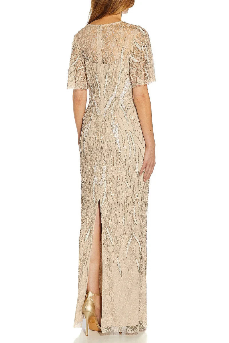 Adrianna Papell Illusion Crew Neck Flutter Sleeve Bodycon Zipper Back Embellished Mesh Gown