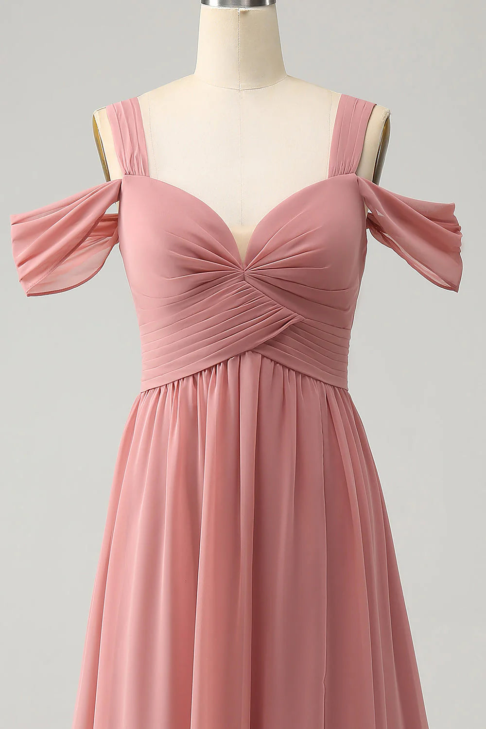 A Line Spaghetti Straps Pleated Chiffon Long Bridesmaid Dress with Slit