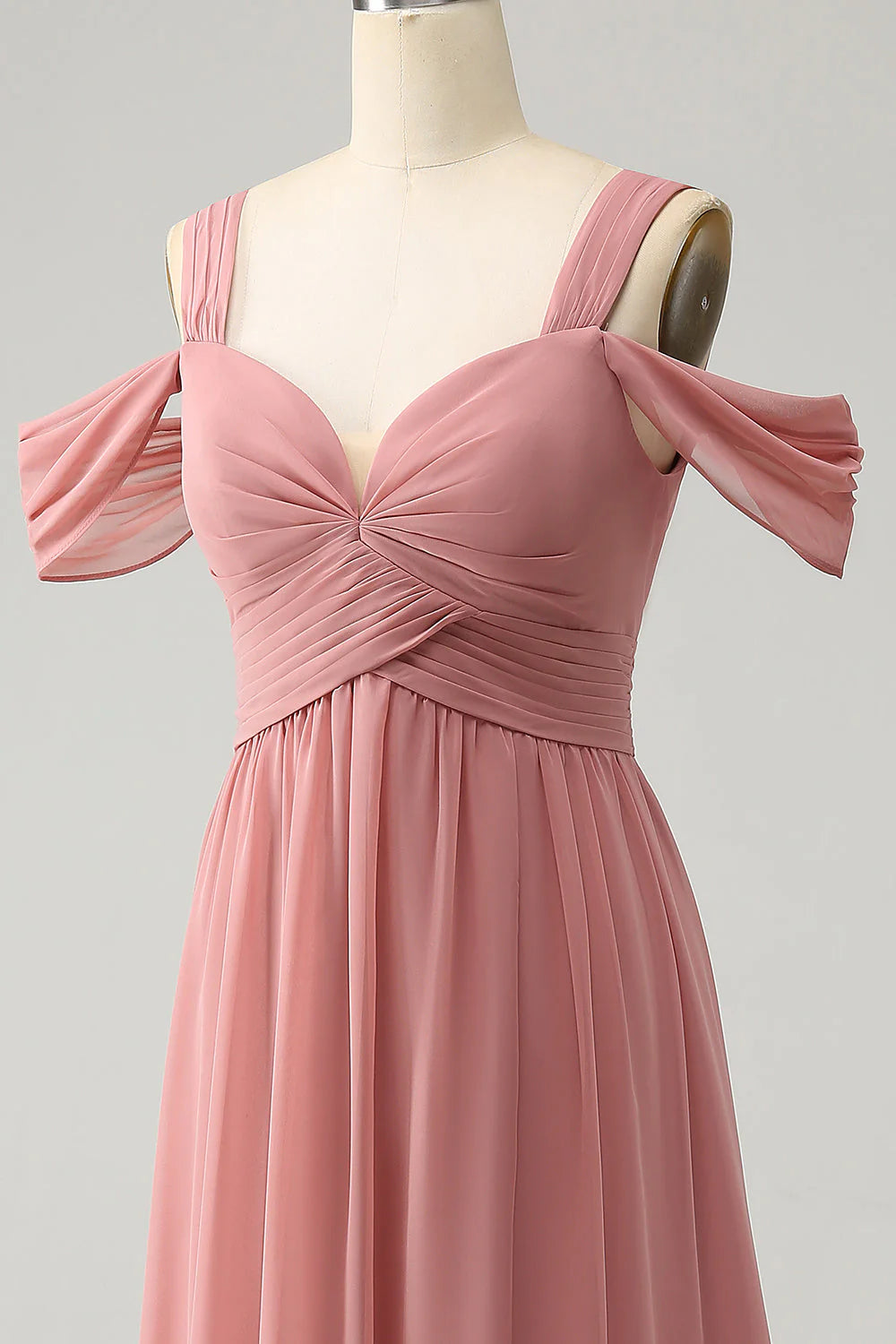 A Line Spaghetti Straps Pleated Chiffon Long Bridesmaid Dress with Slit