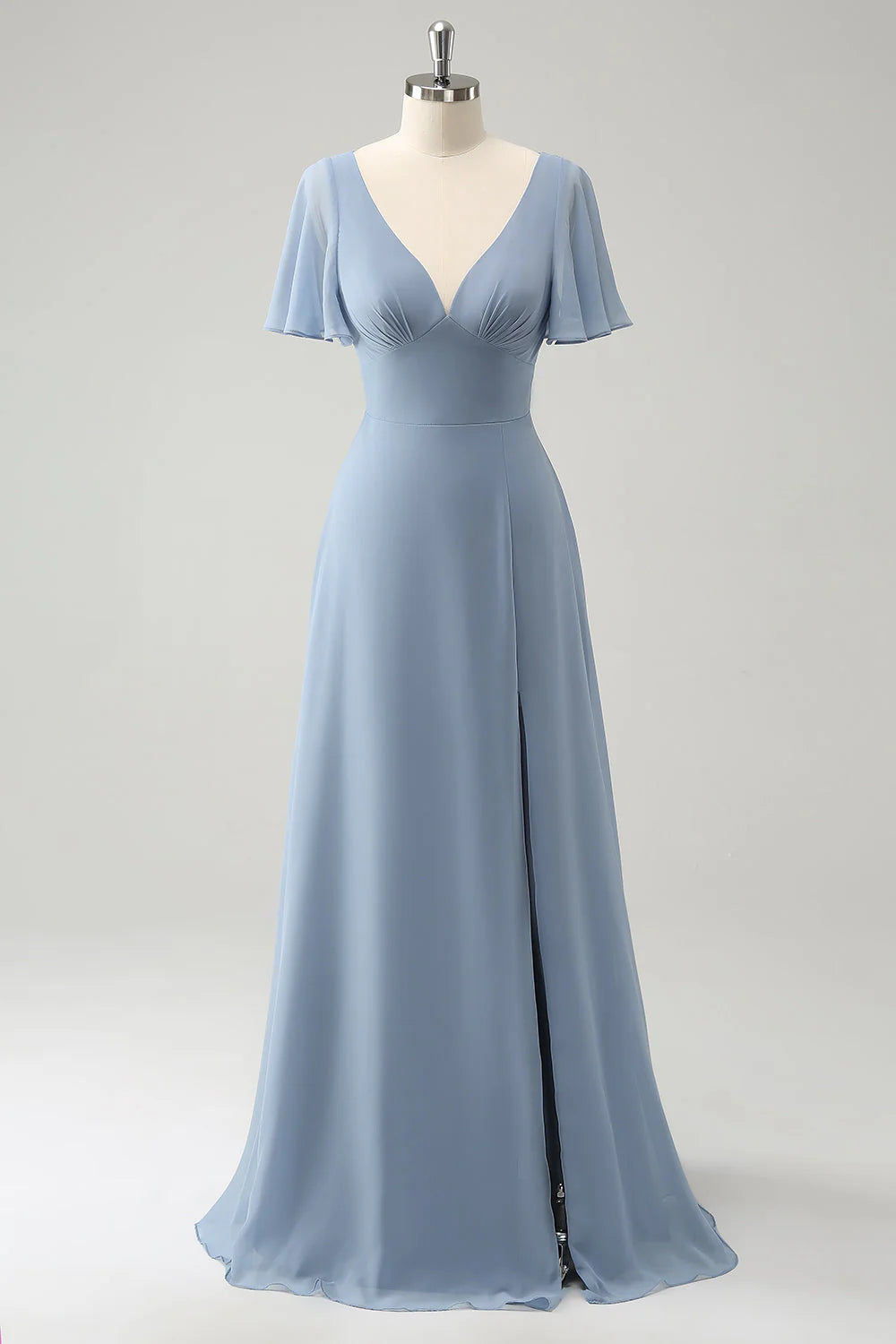 A Line Puff Chiffon Long Bridesmaid Dress with Hollow Out Back