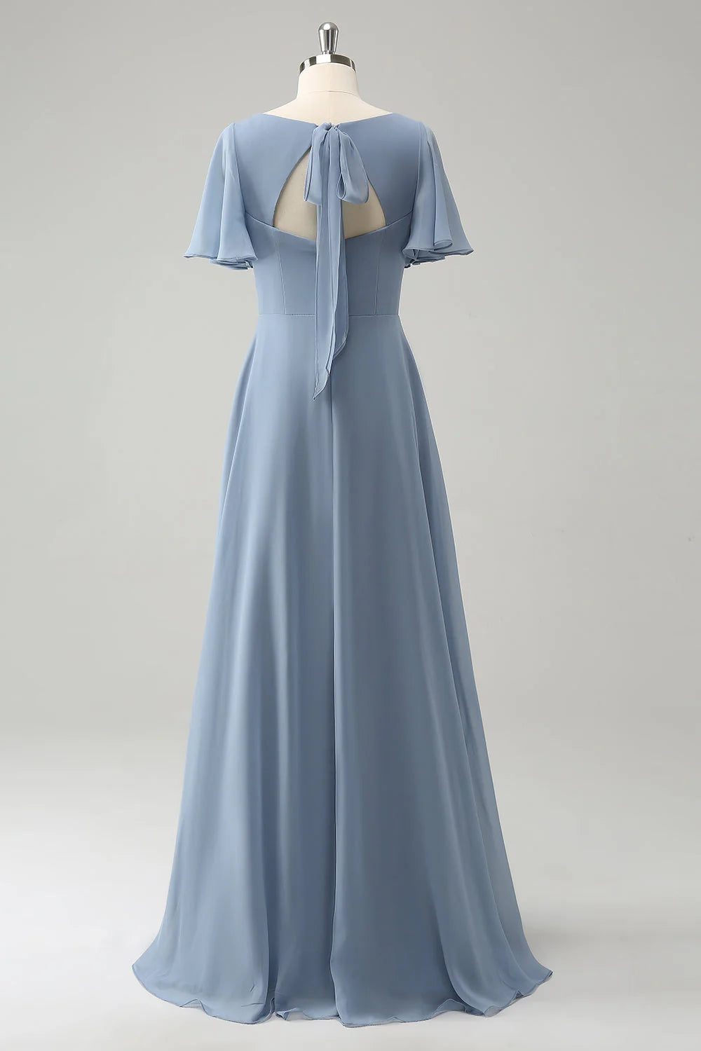 A Line Puff Chiffon Long Bridesmaid Dress with Hollow Out Back