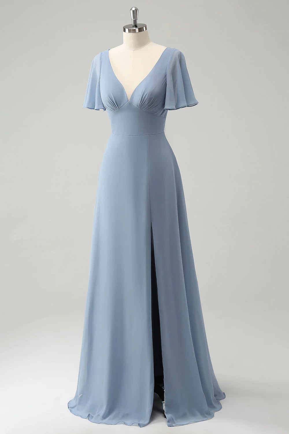 A Line Puff Chiffon Long Bridesmaid Dress with Hollow Out Back