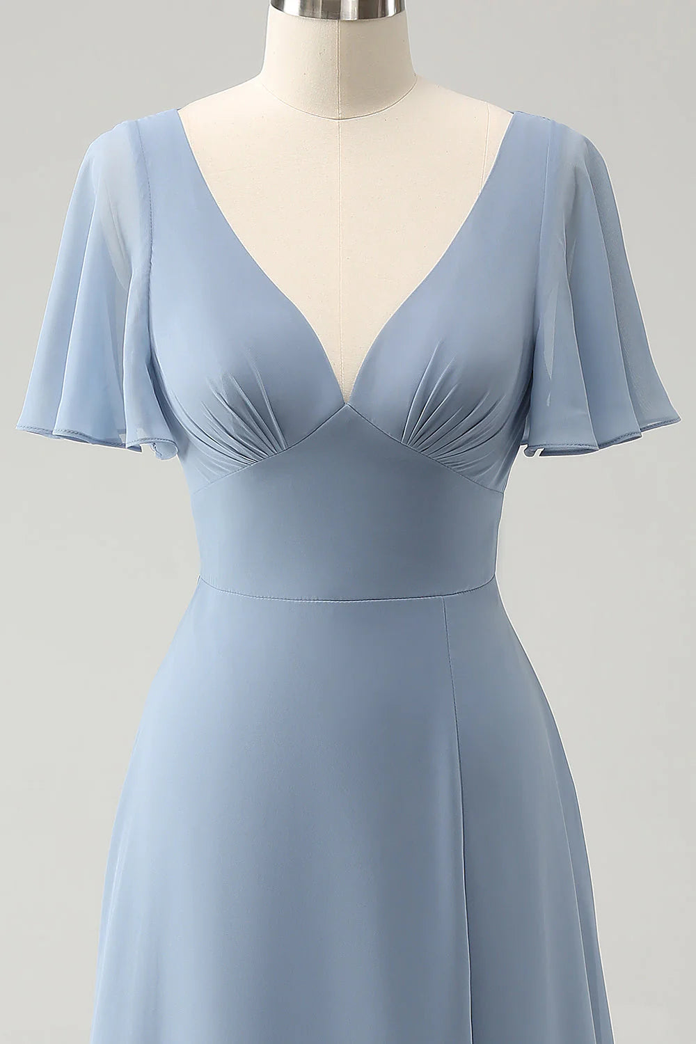 A Line Puff Chiffon Long Bridesmaid Dress with Hollow Out Back
