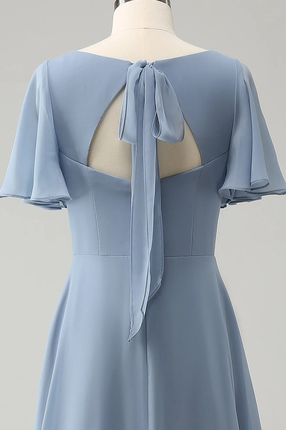 A Line Puff Chiffon Long Bridesmaid Dress with Hollow Out Back