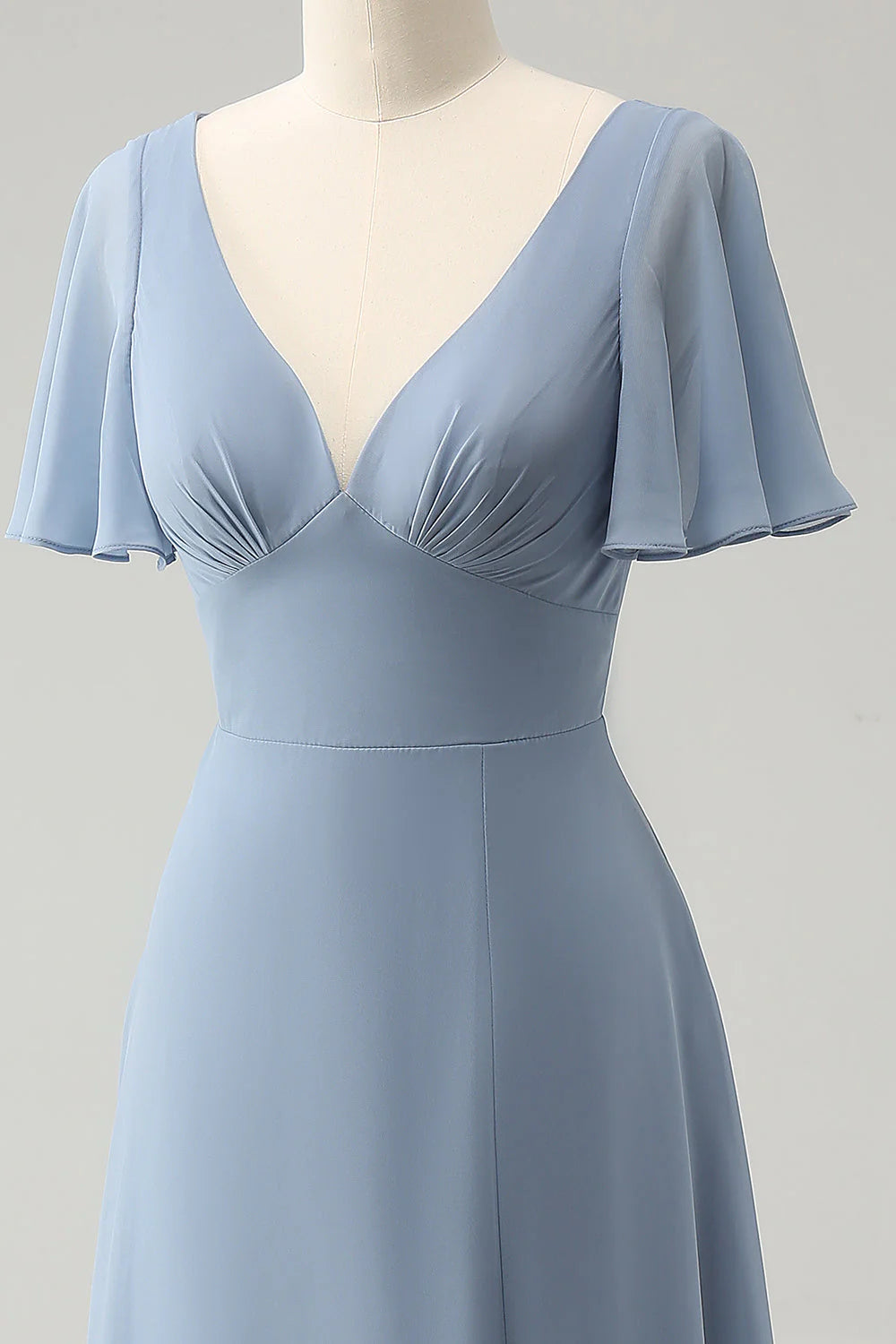 A Line Puff Chiffon Long Bridesmaid Dress with Hollow Out Back