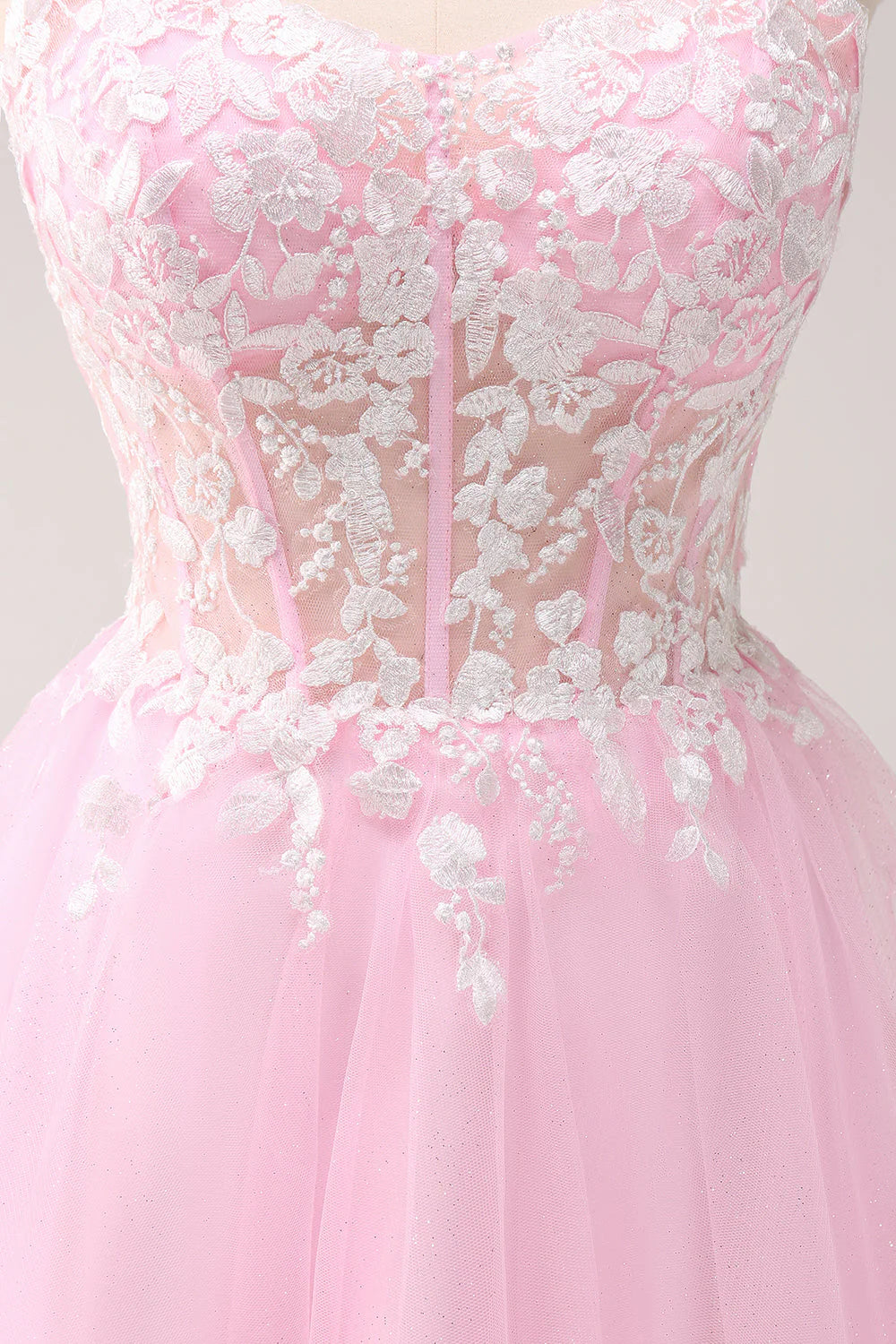 Pink A Line Spaghetti Straps Tulle Corset Homecoming Dress