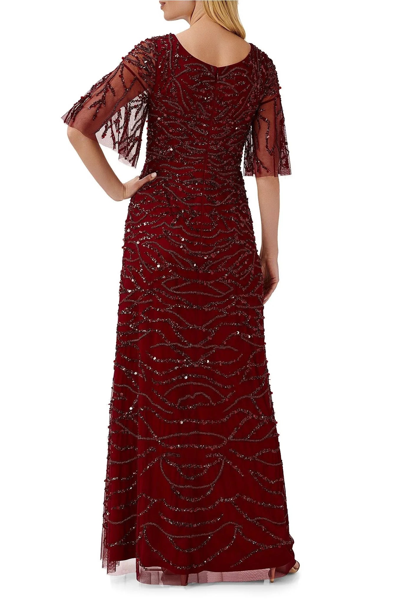 Scoop Neck Short Sleeves Back Zipper Long Beaded Mother of the Bride Dresses