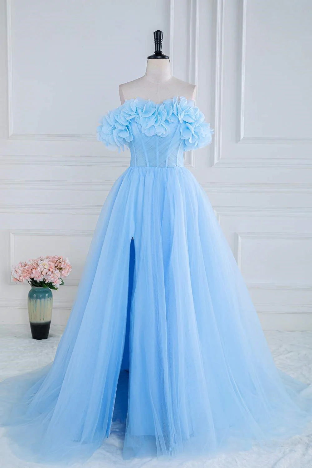 Elegant and sexy off the shoulder sheer A-line split ball dress