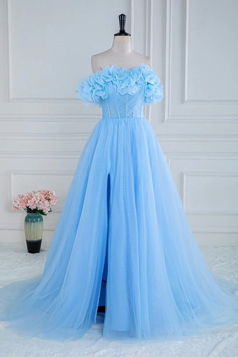 Elegant and sexy off the shoulder sheer A-line split ball dress