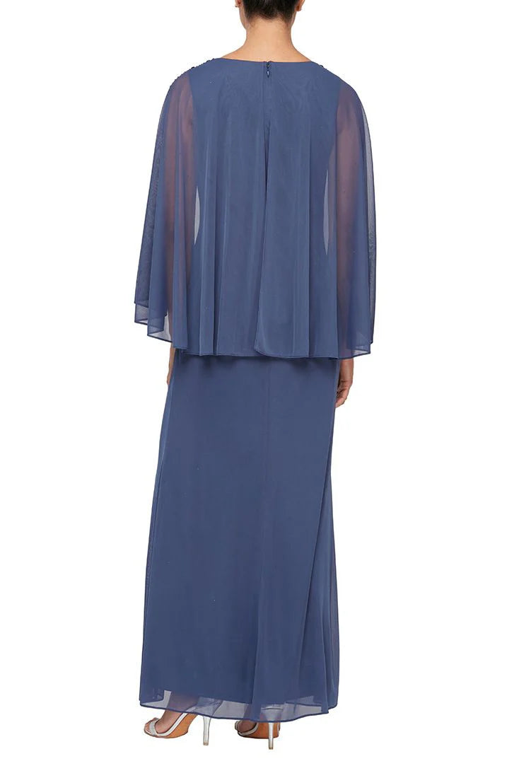 Long Surplice Neckline Ruched Waist Embellished Capelet Sleeves and Front Slit Chiffon Mother of the Bride Dresses