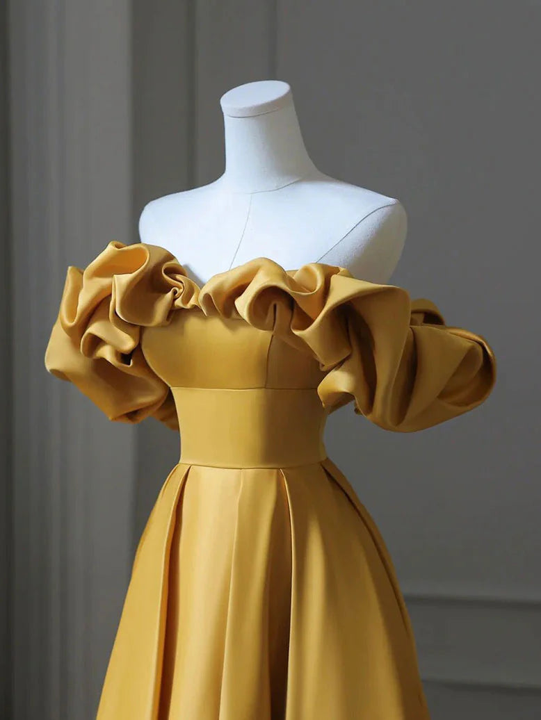 Yellow A-Line Satin Long Prom Dresses Yellow Long Evening Dress