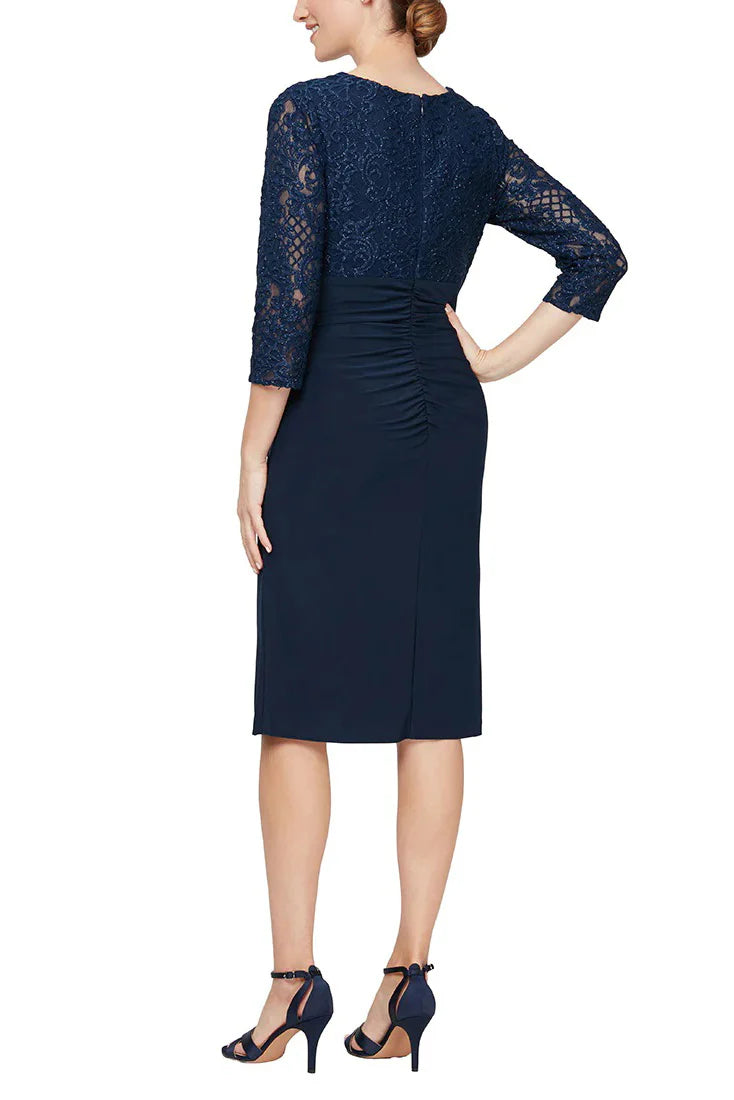Alex Evenings surplice V-neck illusion sleeves embellished cascade skirt dress