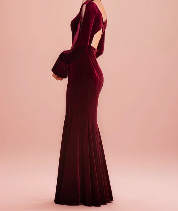 Sheath Velvet Prom Dress with Ruffled Open Long Sleeves and Hollow Back