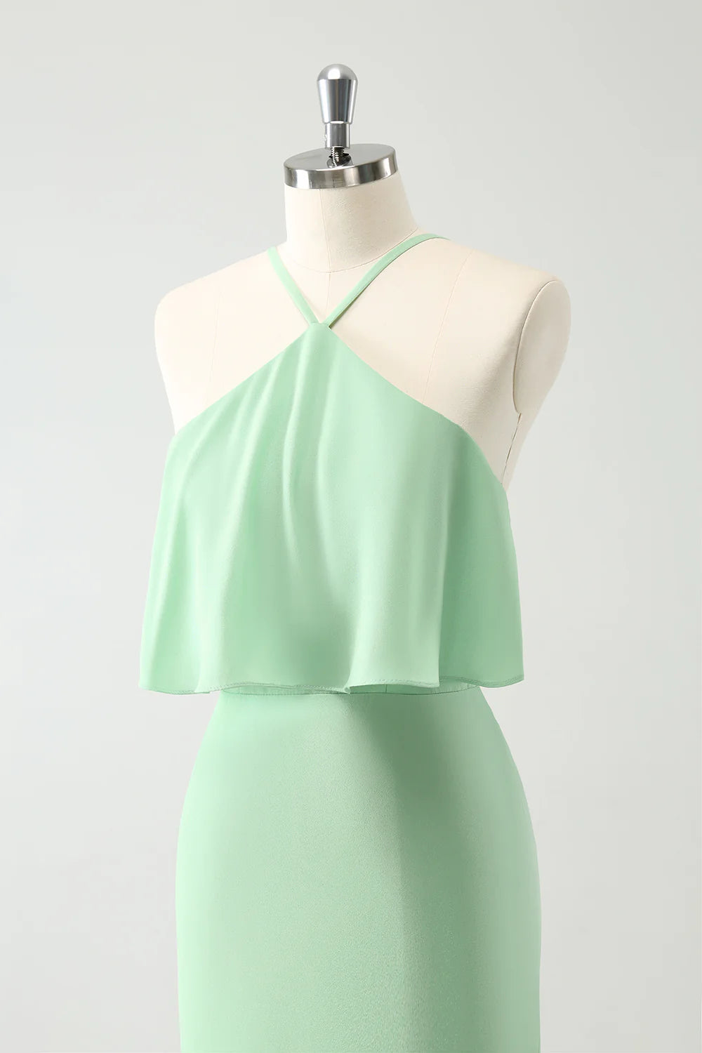 Mermaid Halter Tiered Long Wedding Party Guest Dress with Ruffles