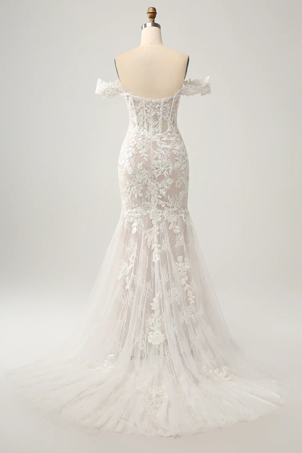 Mermaid Off the Shoulder Sweep Train Wedding Dress with Applique Lace