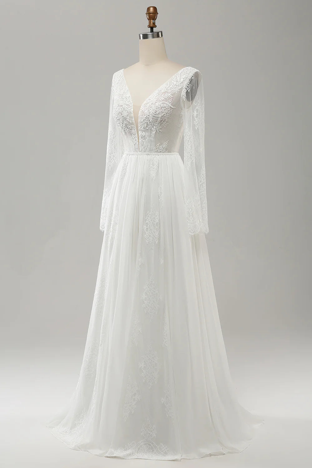 A Line V Neck Long Sleeves Beach Boho Wedding Dress with