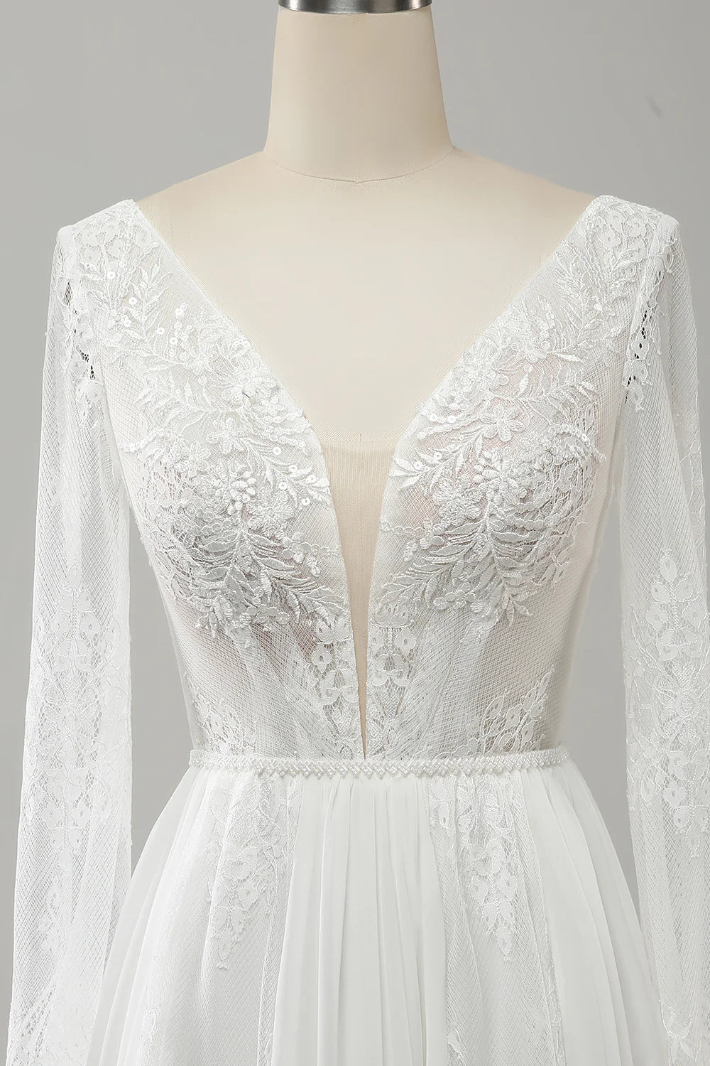 A Line V Neck Long Sleeves Beach Boho Wedding Dress with