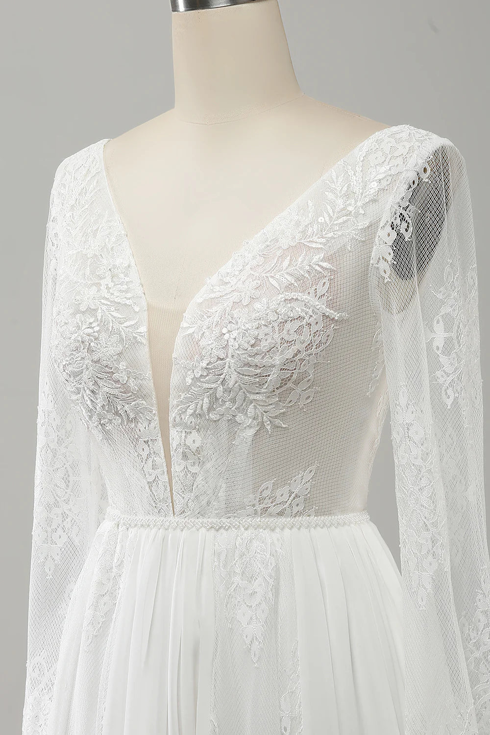 A Line V Neck Long Sleeves Beach Boho Wedding Dress with