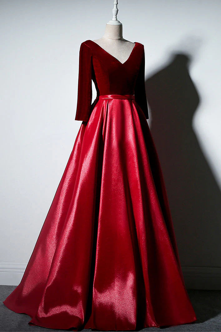 Simple A-line Long Sleeves Burgundy Long Prom Dress Burgundy Evening Dress