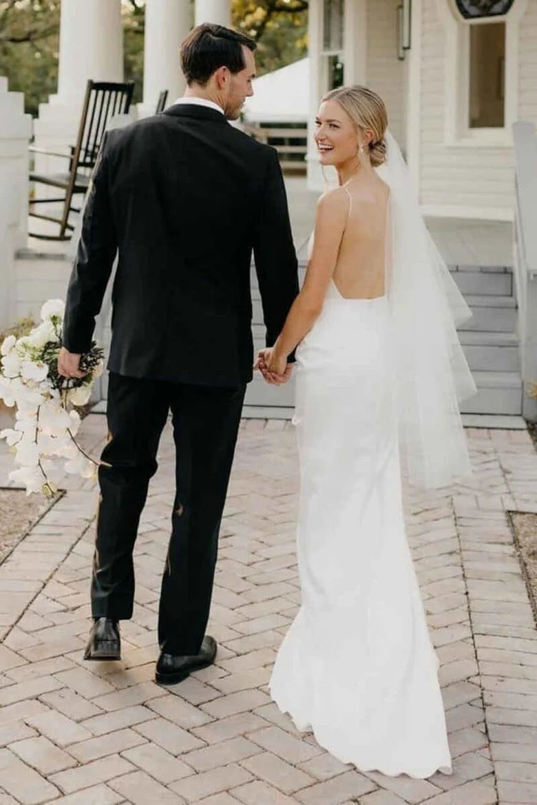 White Satin Plunge Neck Backless Sheath Wedding Dress