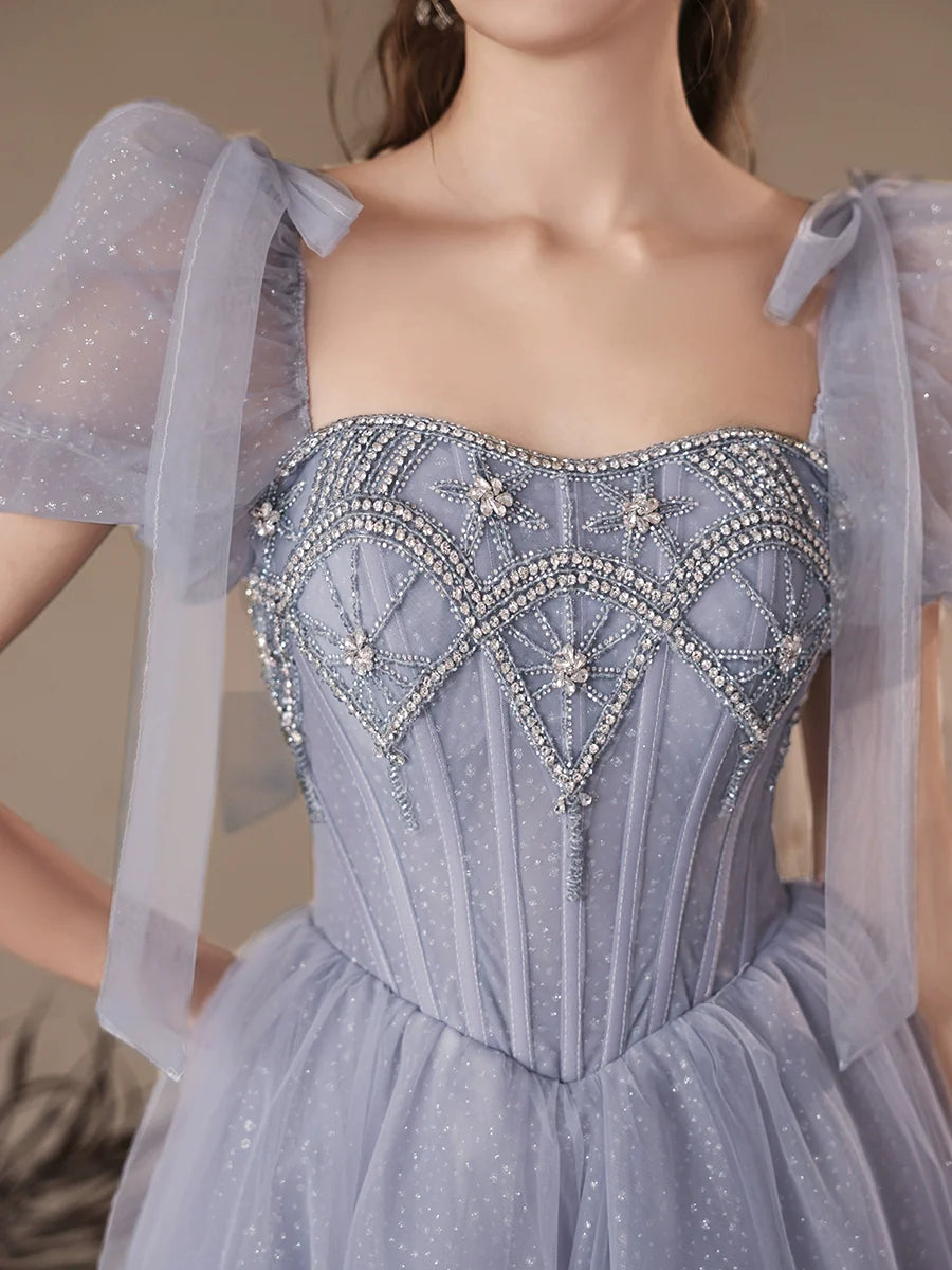 A-Line Sweetheart Neck Tulle Beads Blue Evening Dress Blue Long Evening Dress