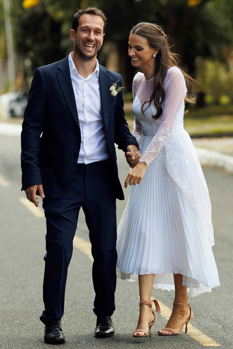 Sweetheart Sheer Sleeve Tea-length Wedding Dress