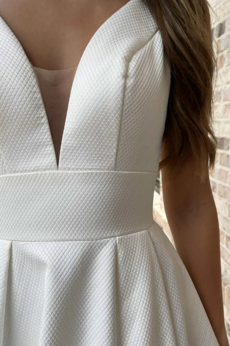 White V-Neck Cross-Back A-Line Long Wedding Gown