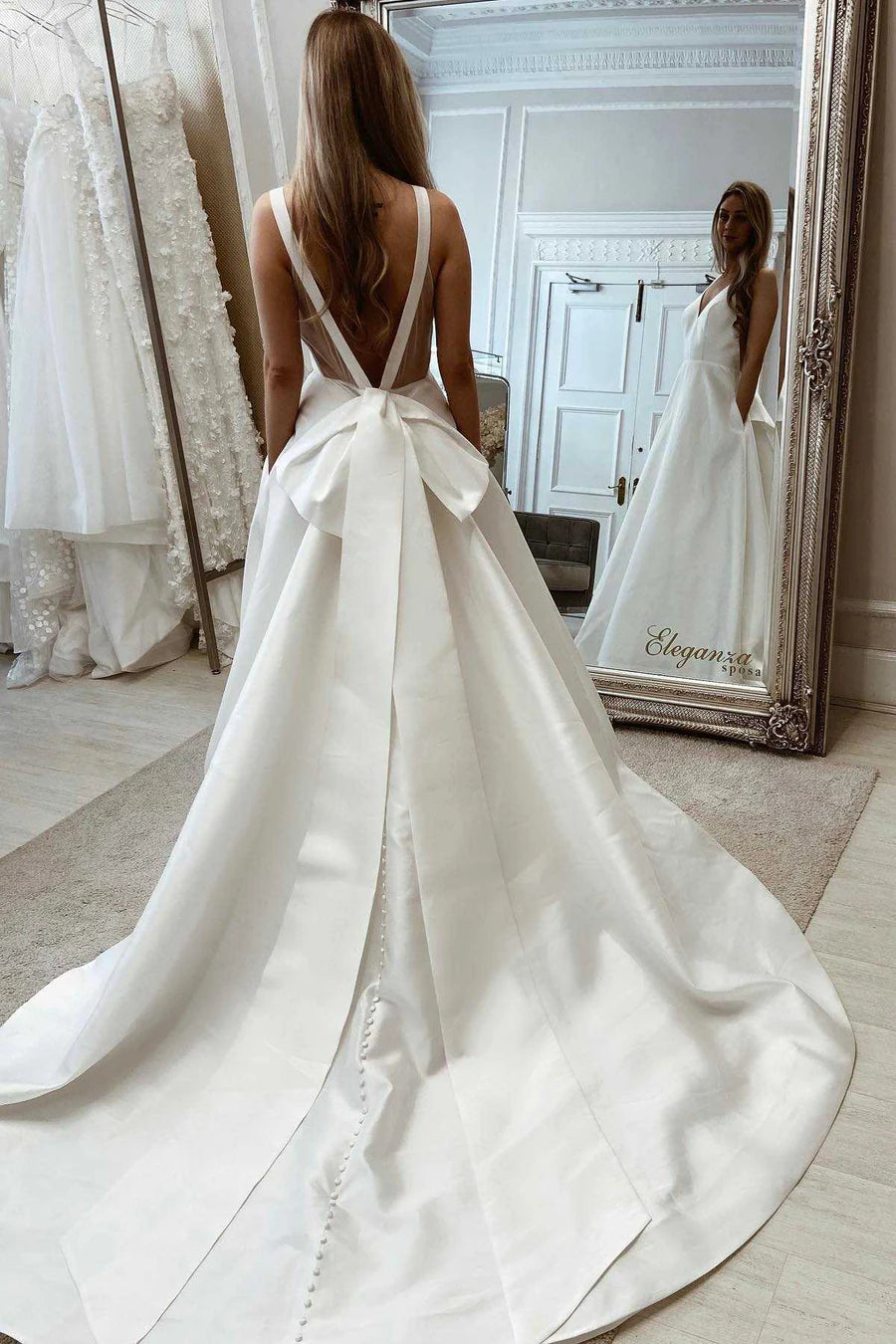 Bow-Back A-Line Long Wedding Gown