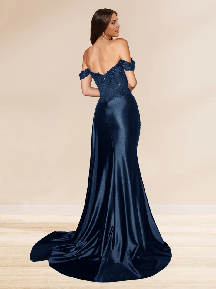 OKBBN mermaid off shoulder trailing sequin side slit evening gown
