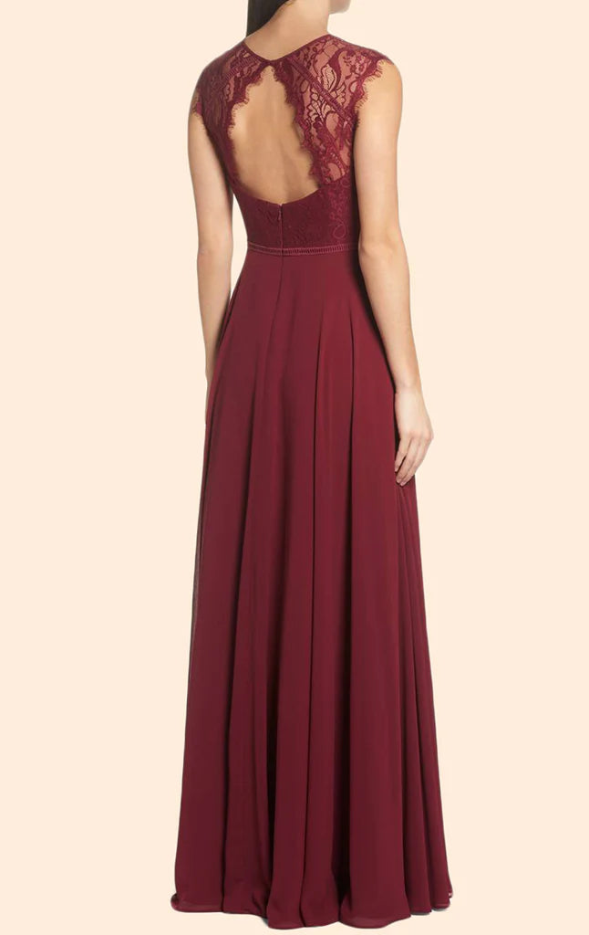 OKBBN Sleeved Lace Chiffon Long Formal Ball Dress
