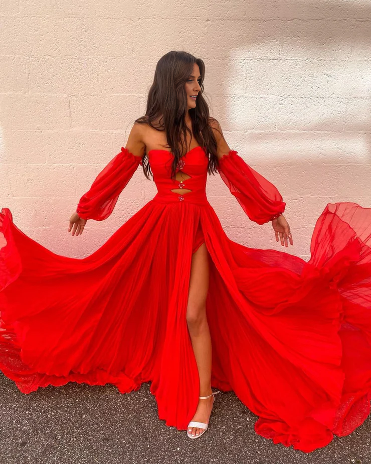 OKBBN charming A-line sweetheart long sleeved chiffon slit long dance dress