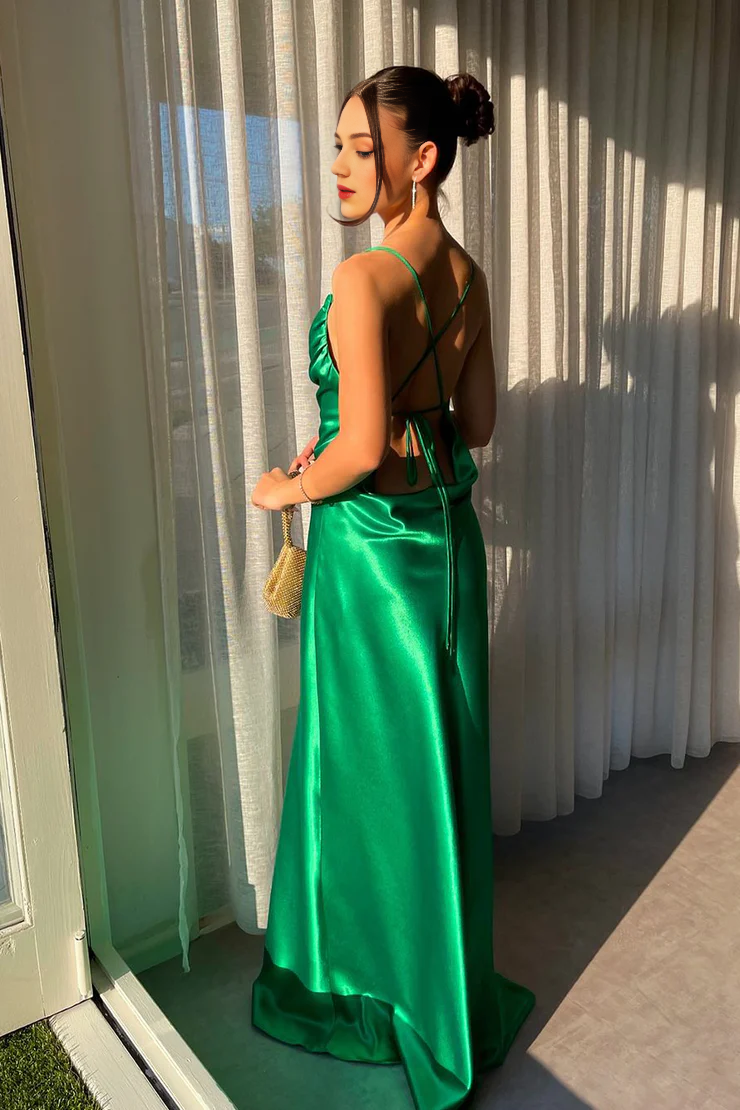 OKBBN's charming tight fitting scarf collar silk long slit dance dress