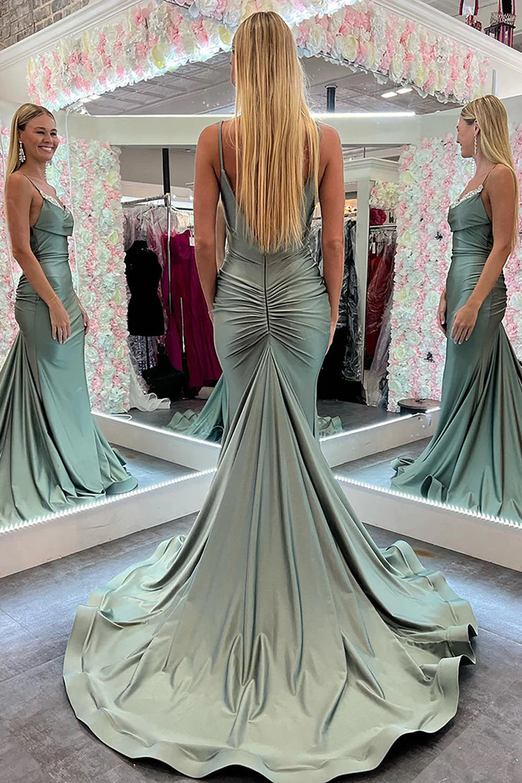 OKBBN Charming Mermaid Round Neck Satin Long Ball Dress