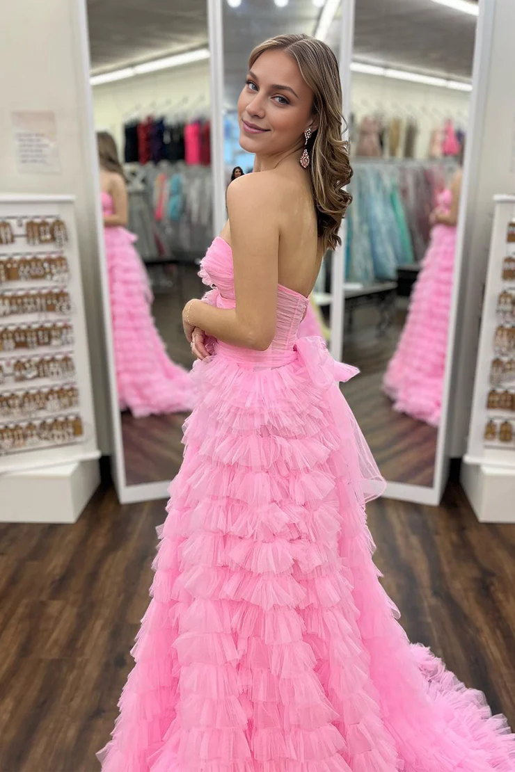 OKBBN Princess A-line off shoulder ruffled layered chiffon long ball dress