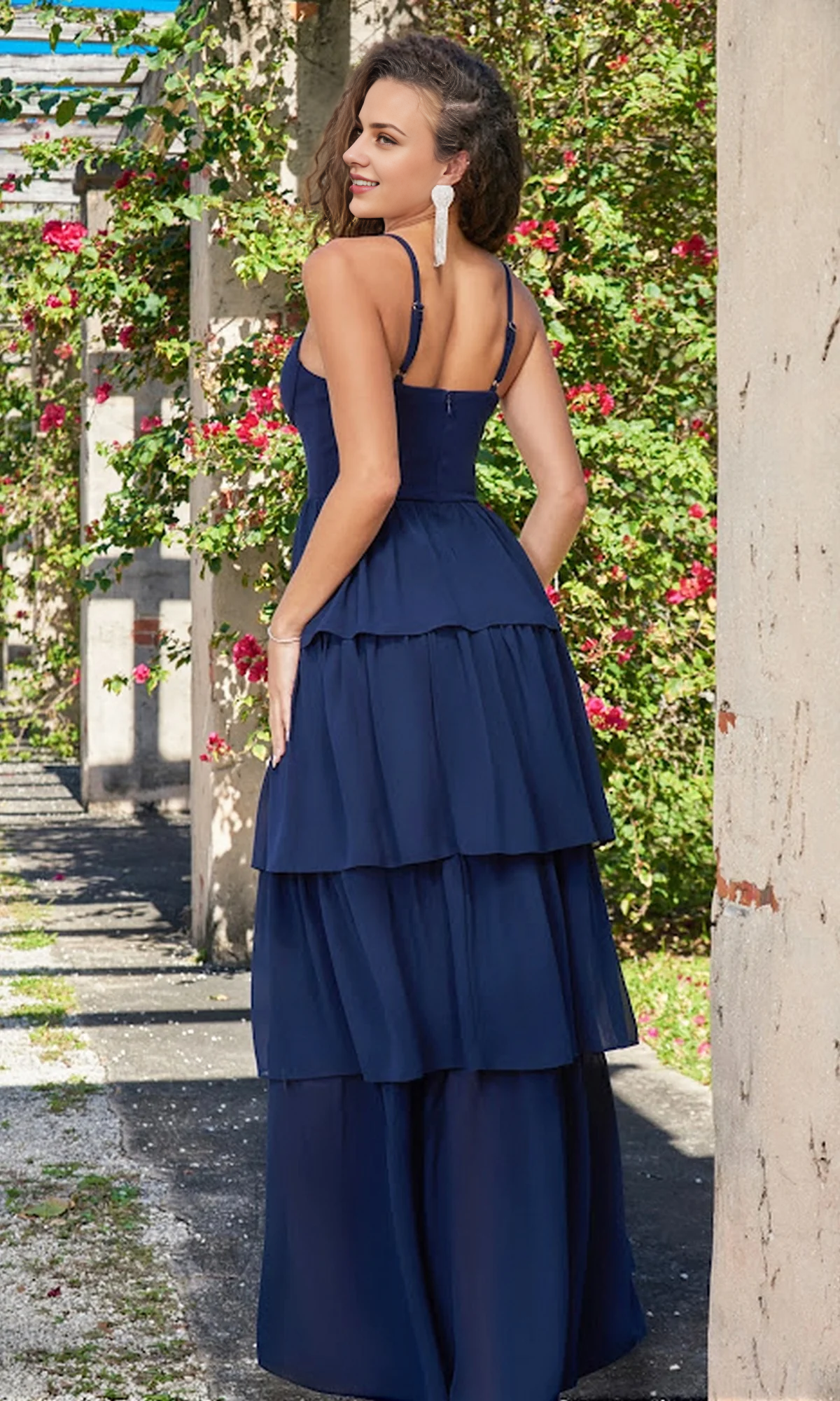 OKBBN Elegant Lotus Leaf Edge length V-neck Thin Strap Ball Dress