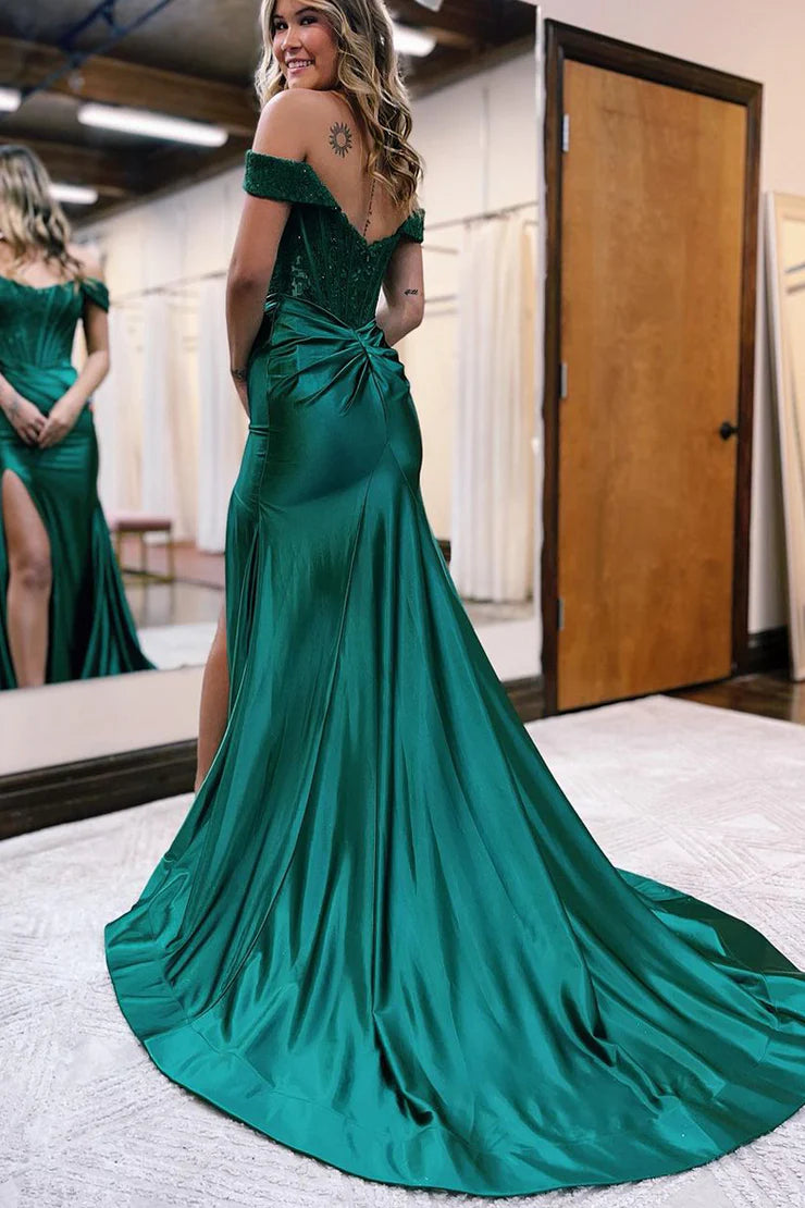 OKBBN Charming Mermaid Off Shoulder Satin Long Lace Ball Dress