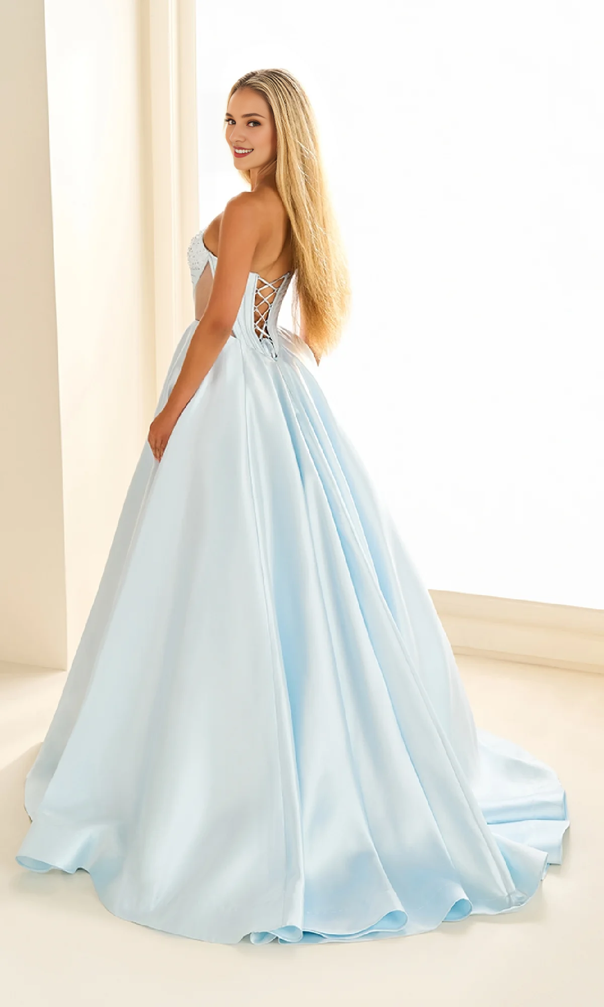 OKBBN satin strapless heart-shaped neckline transparent mesh hollowed out tight corset ball dress